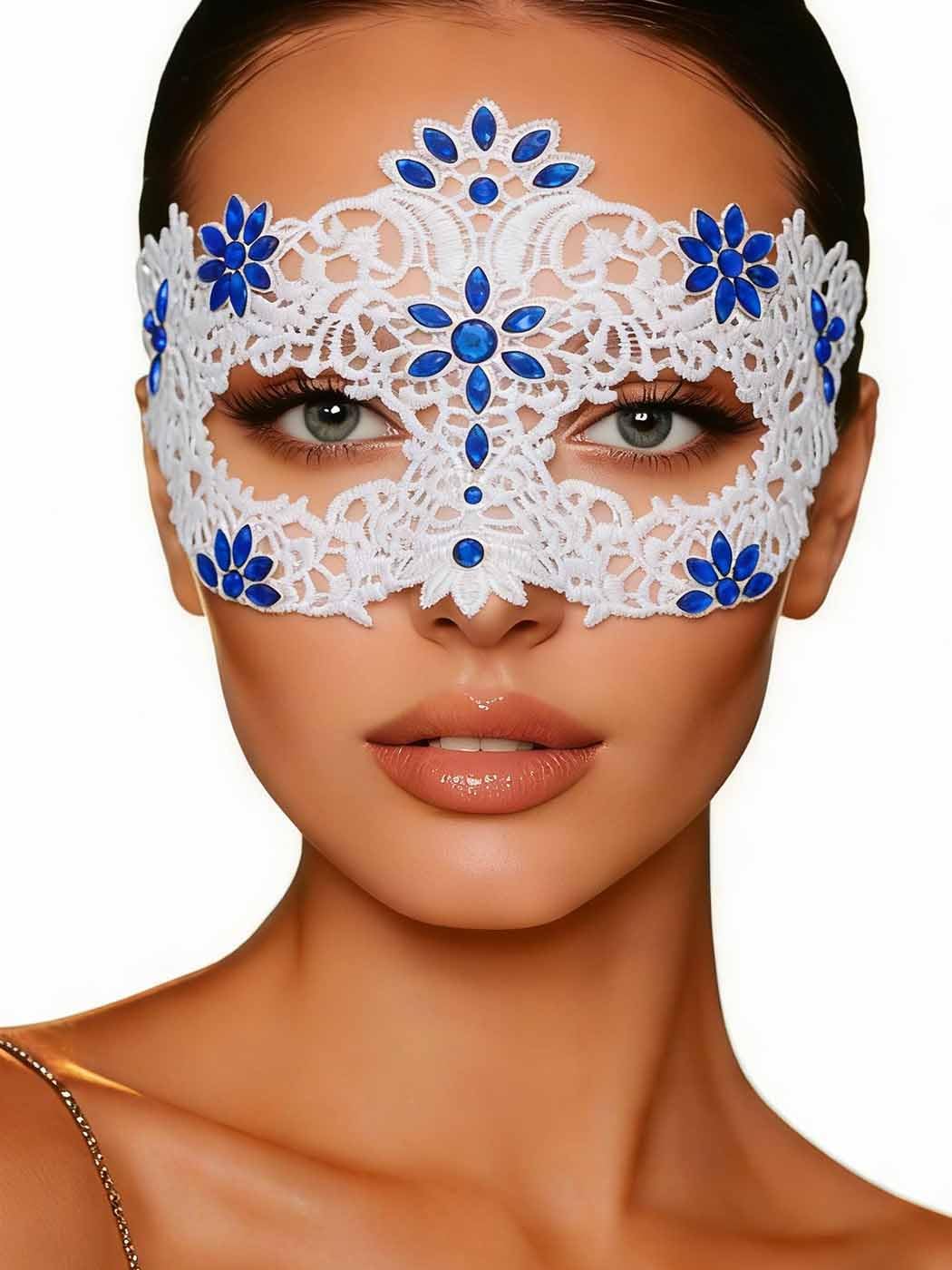 Yalice White Lace Masquerade Mask for Wome Elegant Beaded Lace Half Face Costume Mask for Party Mardi Gras Ball