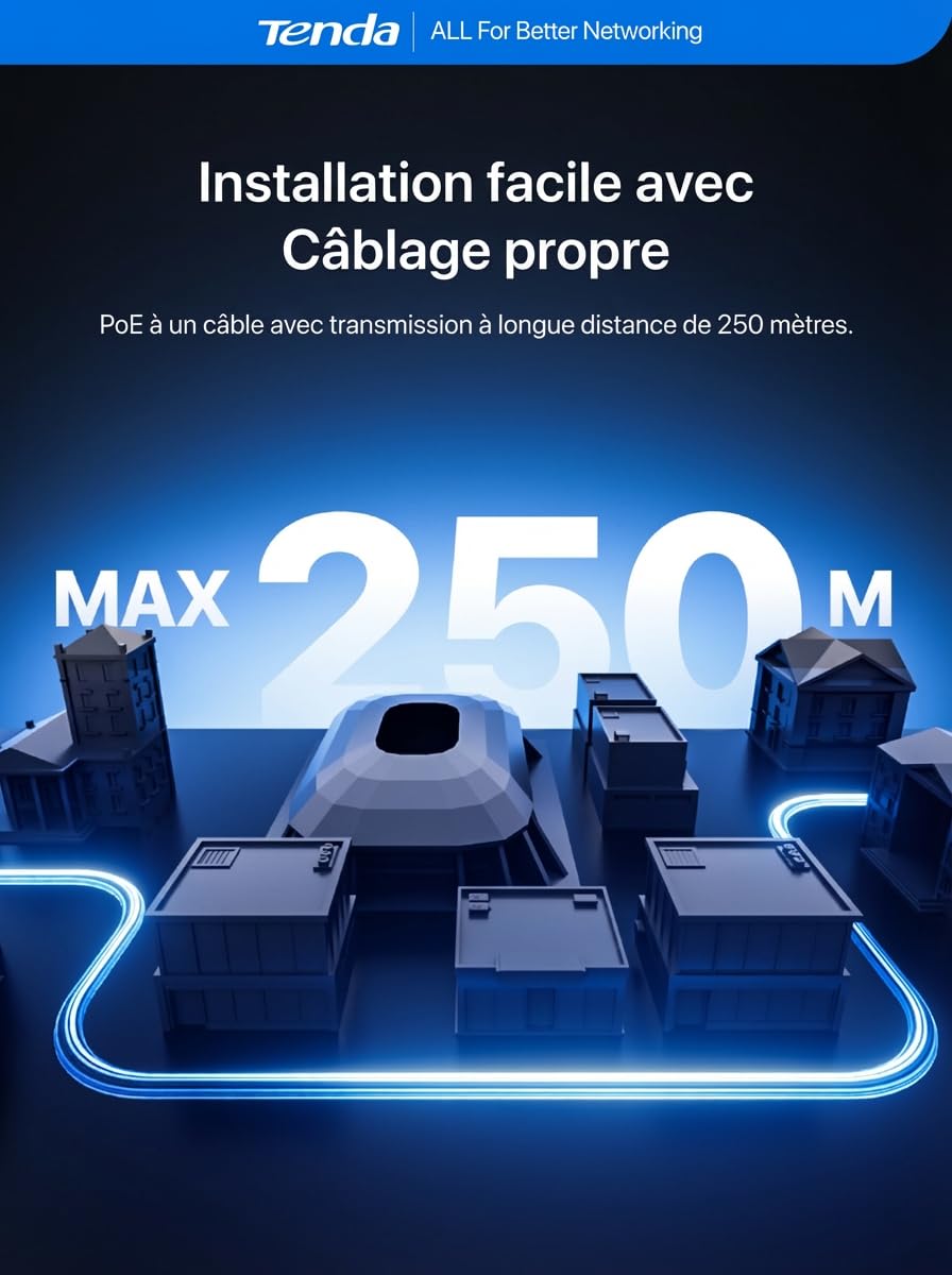 Tenda TN3108-8P NVR Système de Surveillance 4K, Enregistreur 8CH PoE, Transmission 250m, H.265+, Plug and Play, Disque Dur (jusqu‘à 10To)/Stockage Cloud, Protection Foudre 4KV, App Contrôle à Distance
