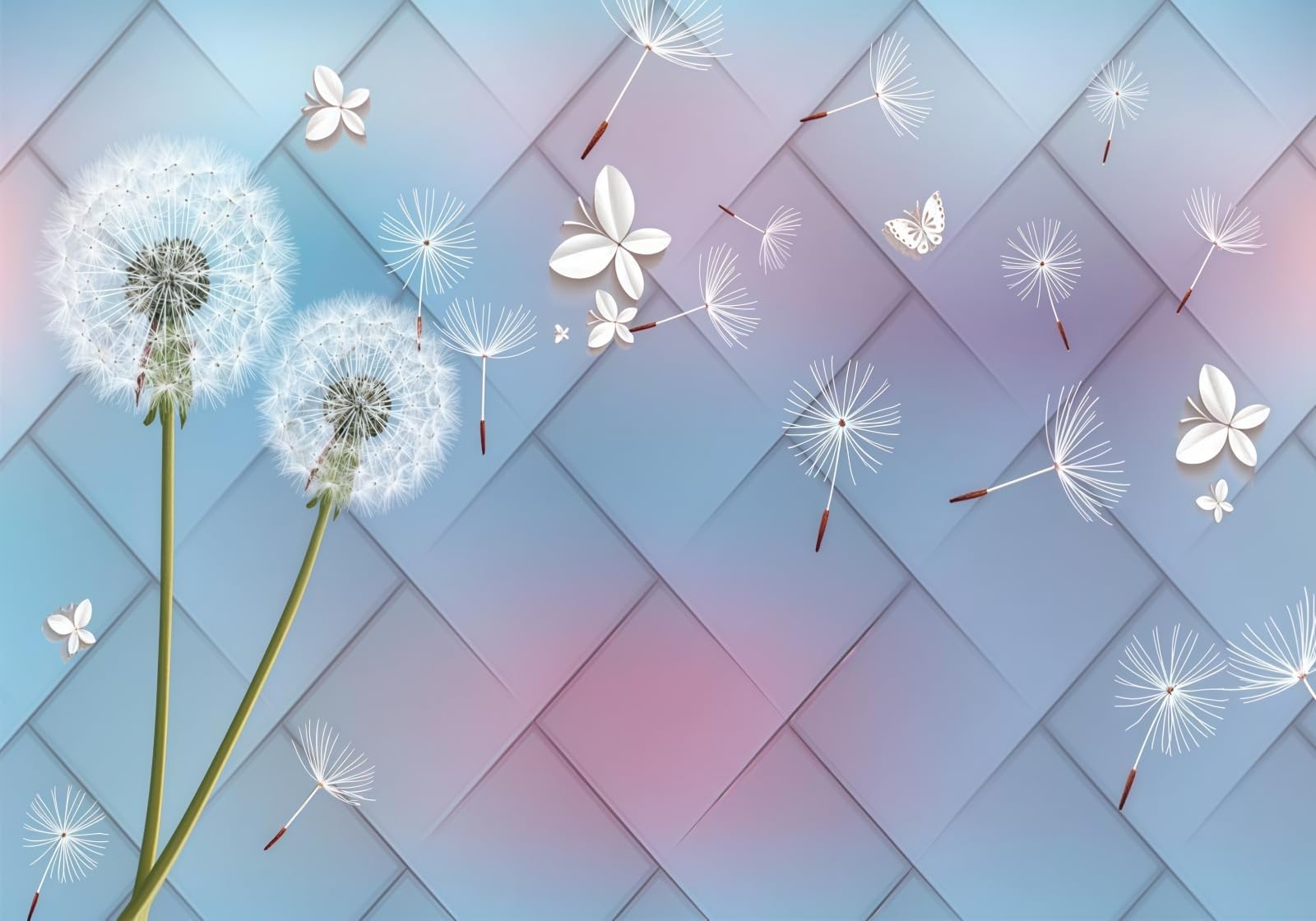 Gdkldfg White Flowers Dandelions Geometric Wallpaper,Non-Woven Poster,Wall Mural For Living Room Bedroom Feature Wall Decoration 300X210cm
