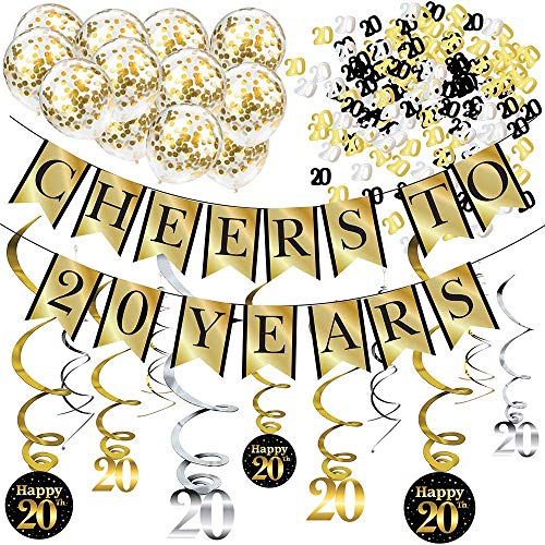 Decorações de festa de 20 anos e kit de aniversário – Cheers Banner para 20 anos, balões, serpentinas e suprimentos para a festa de confetes