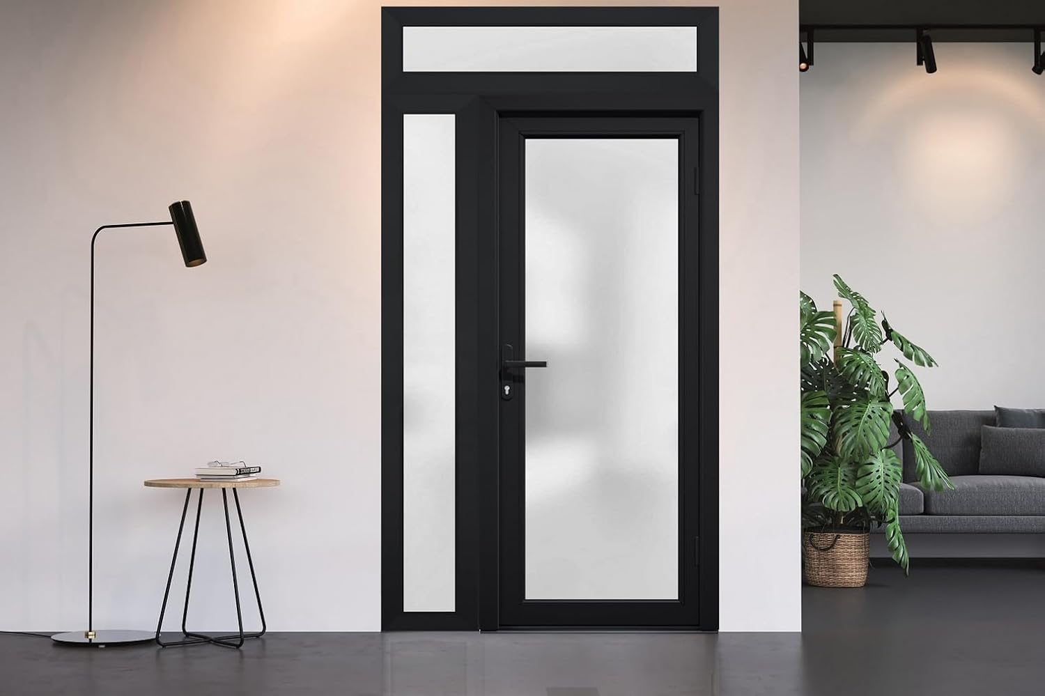 VDOMDOORS Front Exterior Prehung Door Frosted Glass/Manux 8102 Matte Black/Side and Top Exterior Window/Entrance Patio Garage-W30+12" x H80+14"-Left-Hand Inswing
