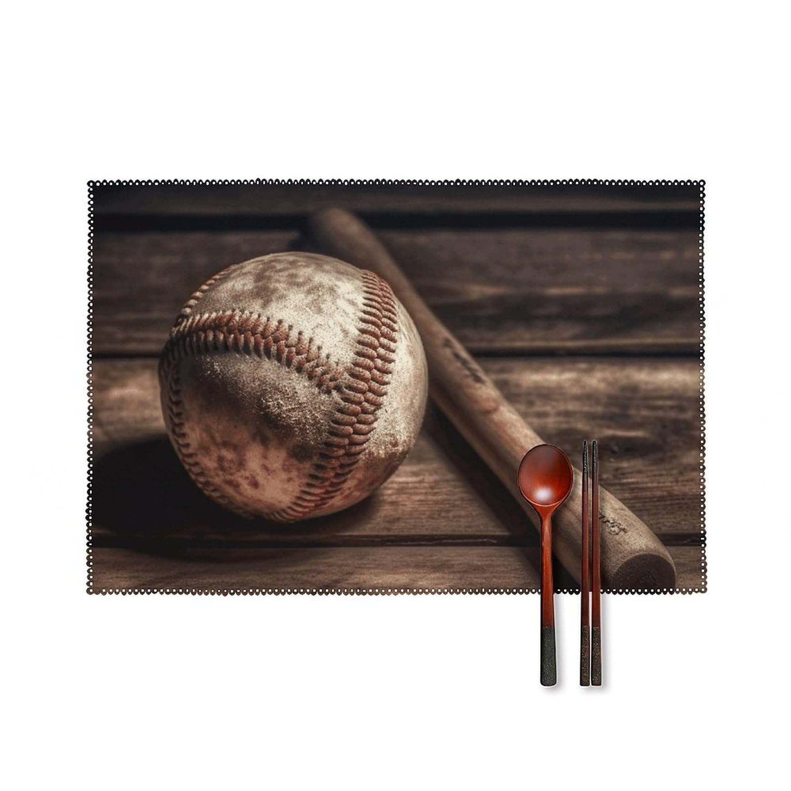Baseball on Wooden Placemats Set of 6 Wipeable Table Mats for Kitchen Dining Table Heat Resistant Waterproof Modern Indoor/Outdoor Non-Slip Easy Clean Place Mats