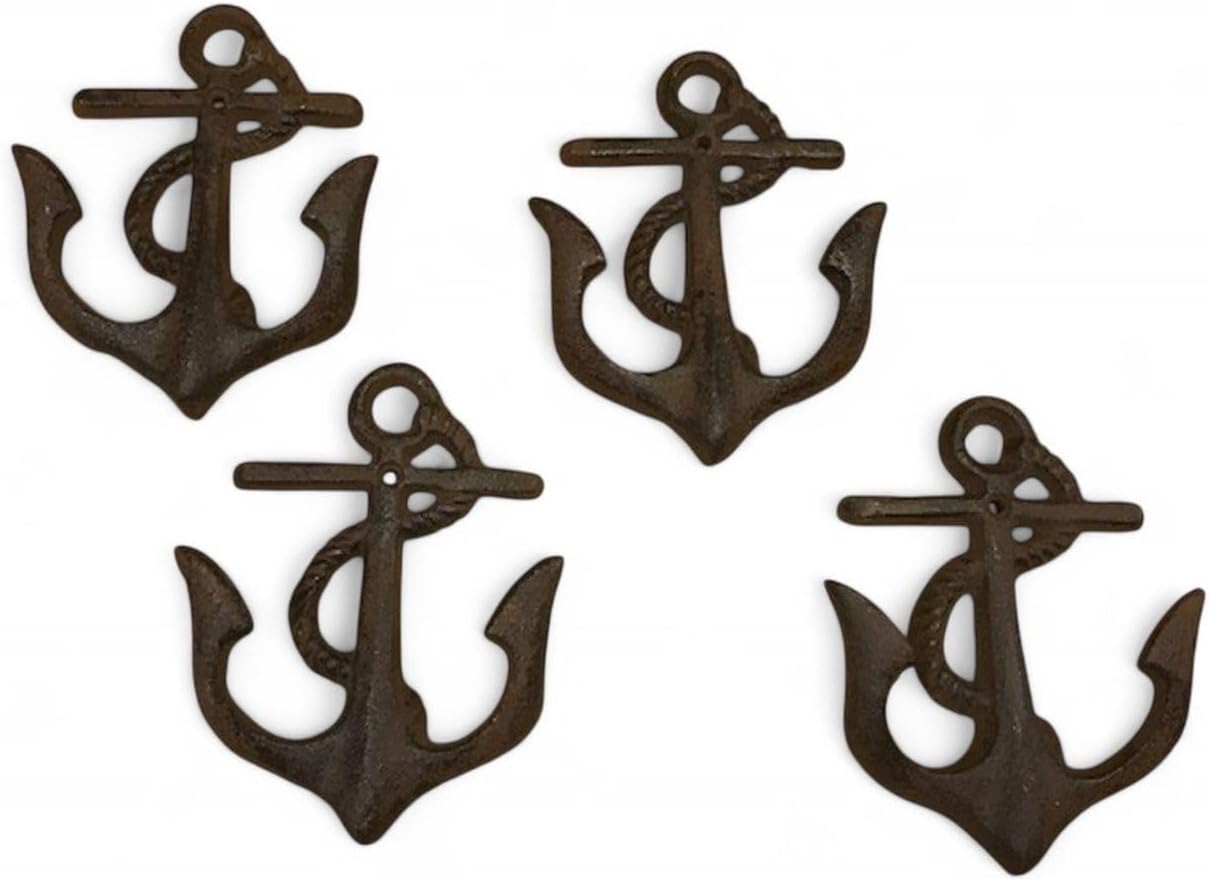 Four (4) Cast Iron Anchor Small Hooks 5 1/4" tall x 4" wide Four (4) 0170-05231 Antique Decor Vintage Home Decor Accents Rustic Ornaments Cast Iron Improvement Details