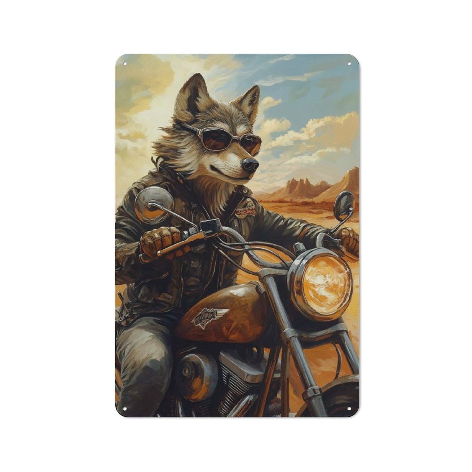 Retro Metal Sign 30x20cm Featuring Wolf Biker in Desert Landscape, Home Bar Decor for Pub, Home Bar, Shed Or Man Cave