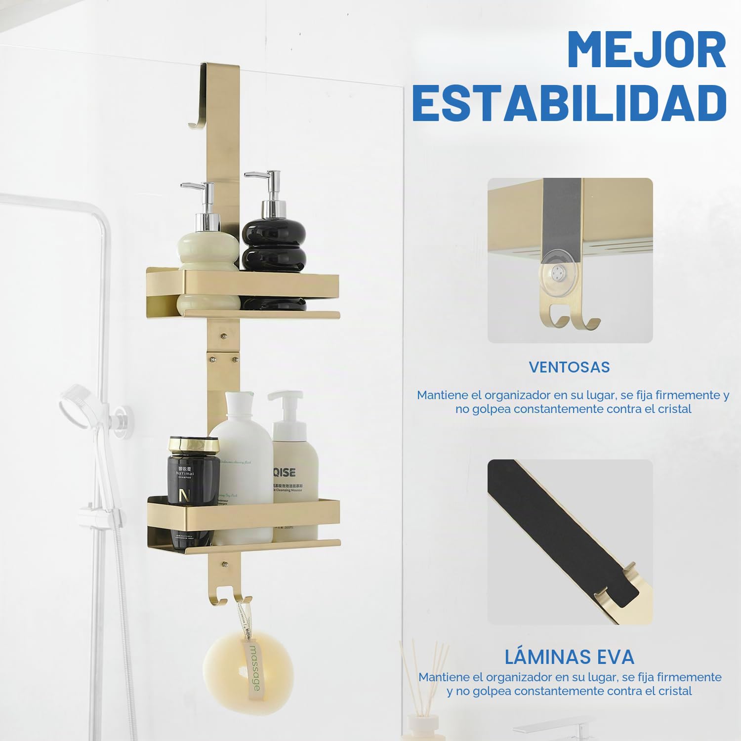 Estante de ducha para colgar en oro, estante de ducha 0 agujeros de acero inoxidable SUS304, soporte para gel de ducha para champú