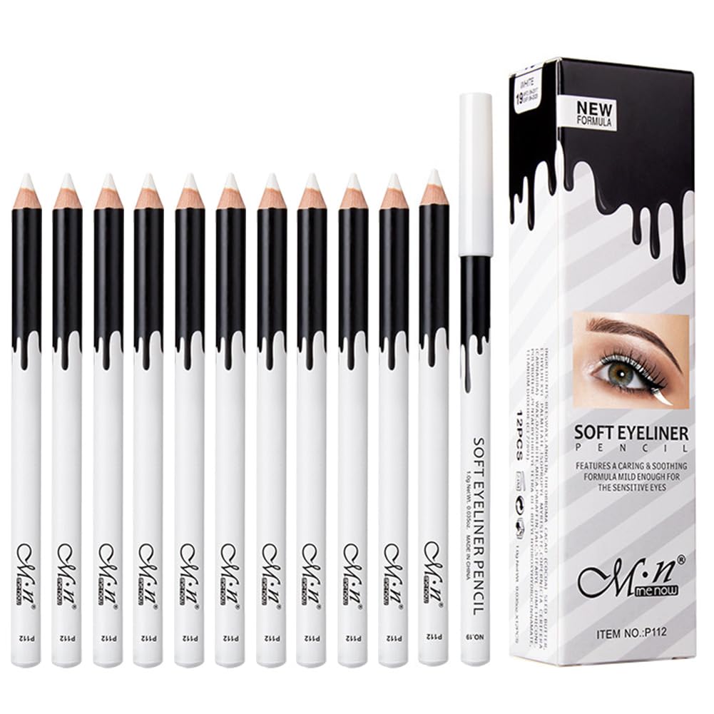 Lápiz de Ojos Blanco,Blanco Delineador de Ojos,Eyeliner Blanco,Lápiz de Sombra de Ojos,Eyeshadow,Blanco Lápices de Maquillaje,Highlighter Pencil,Duradero y Resistente al Agua,12PC