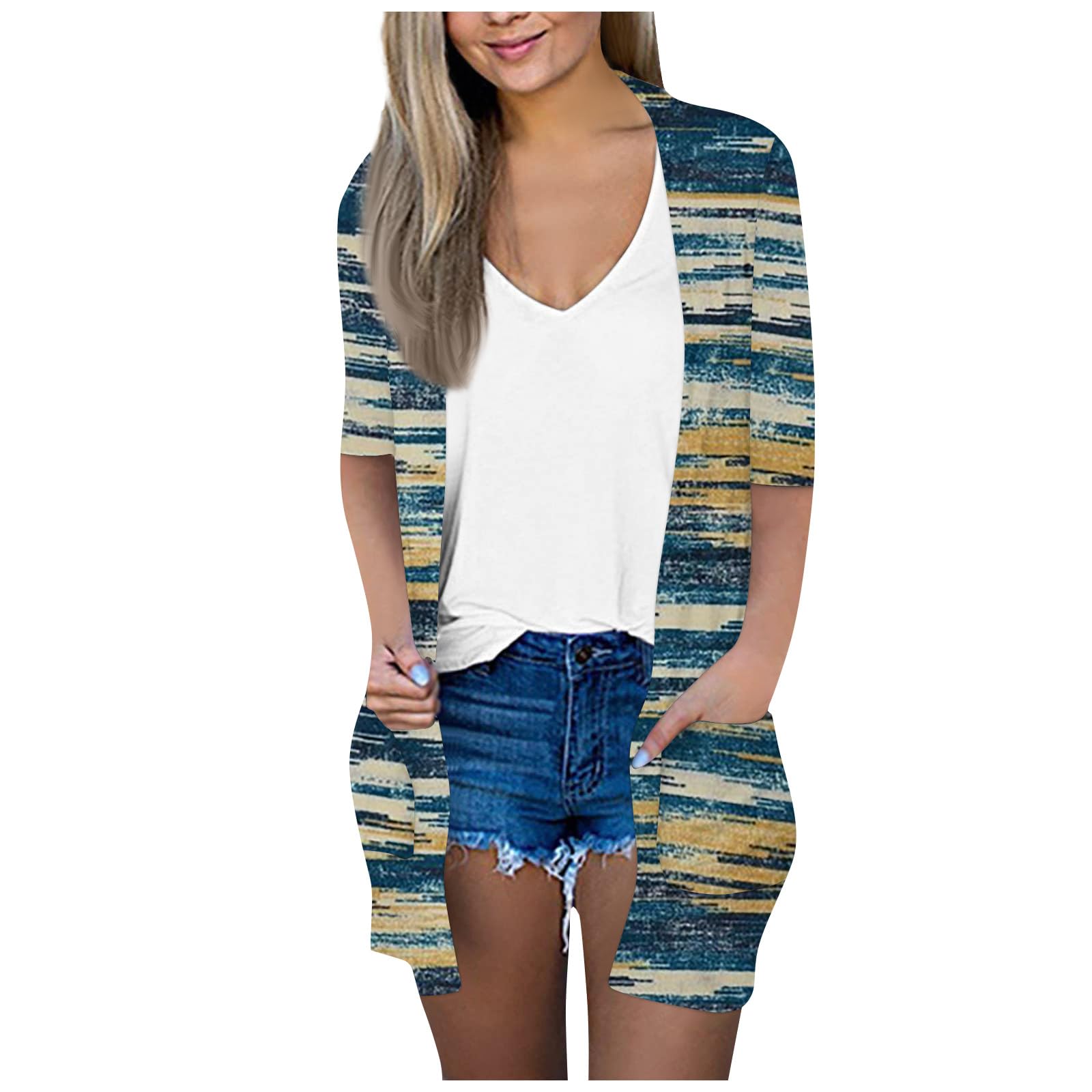 Eaktool Women's Fall Cardigan Fashion Loose Casual Pocket Printed Cardigan Seventh Sleeve Jacket Top Cardigan, S-3XL