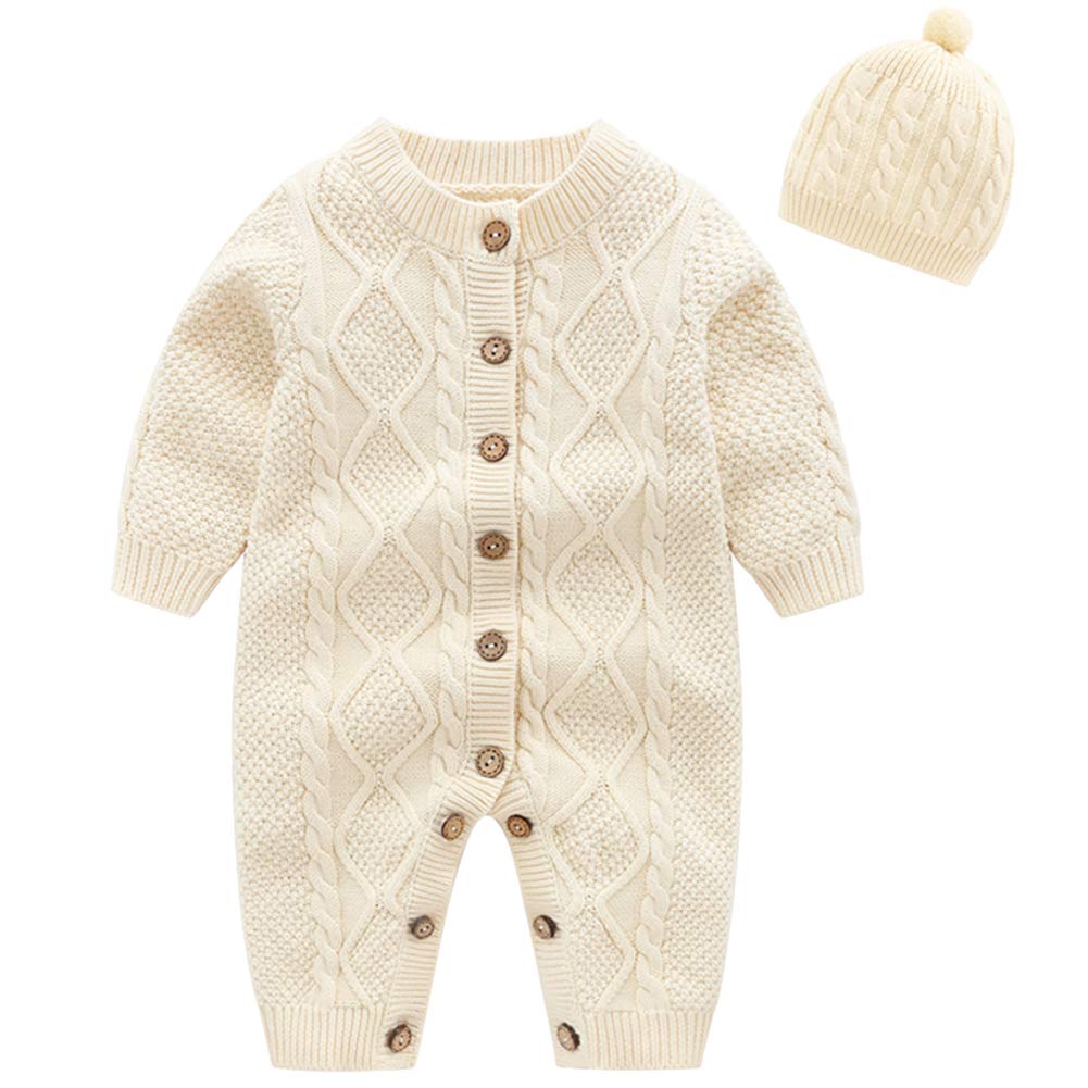 amropi Nouveau-né Bébé Tricot Barboteuse avec Bonnet Combinaison Manches Longues Tenue Ensemble 0-3 Mois,Beige