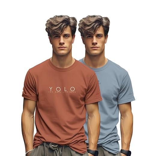 BULLMER Trendy Printed Cotton Blend Crew Neck/Round Neck Half Sleeve Tshirt for Men- Pack of 2