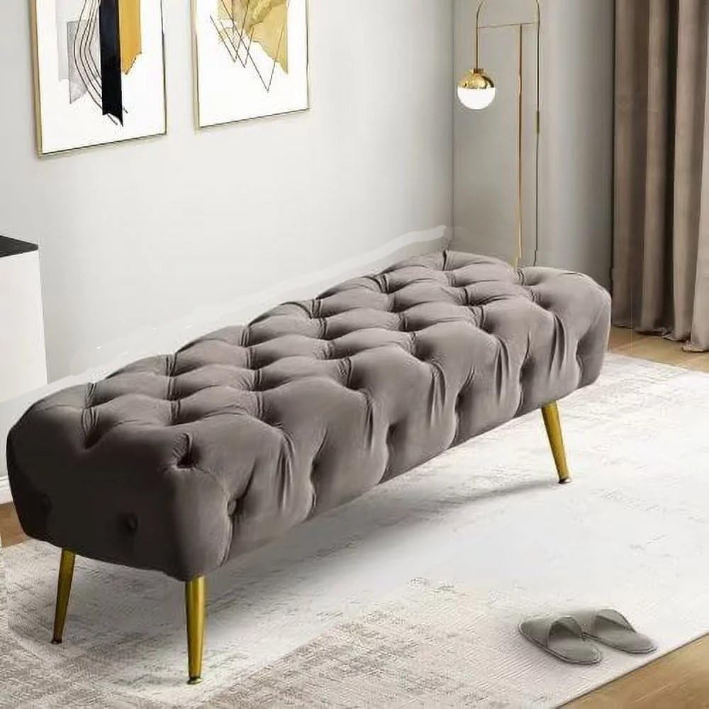 Choose It - Chesterfield Velvet Classic Ottoman Settee Button Tufted Bench with Golden Metal Leg Bedside Bench for Living Room, Bedroom, Lounge (Grey)-image-45