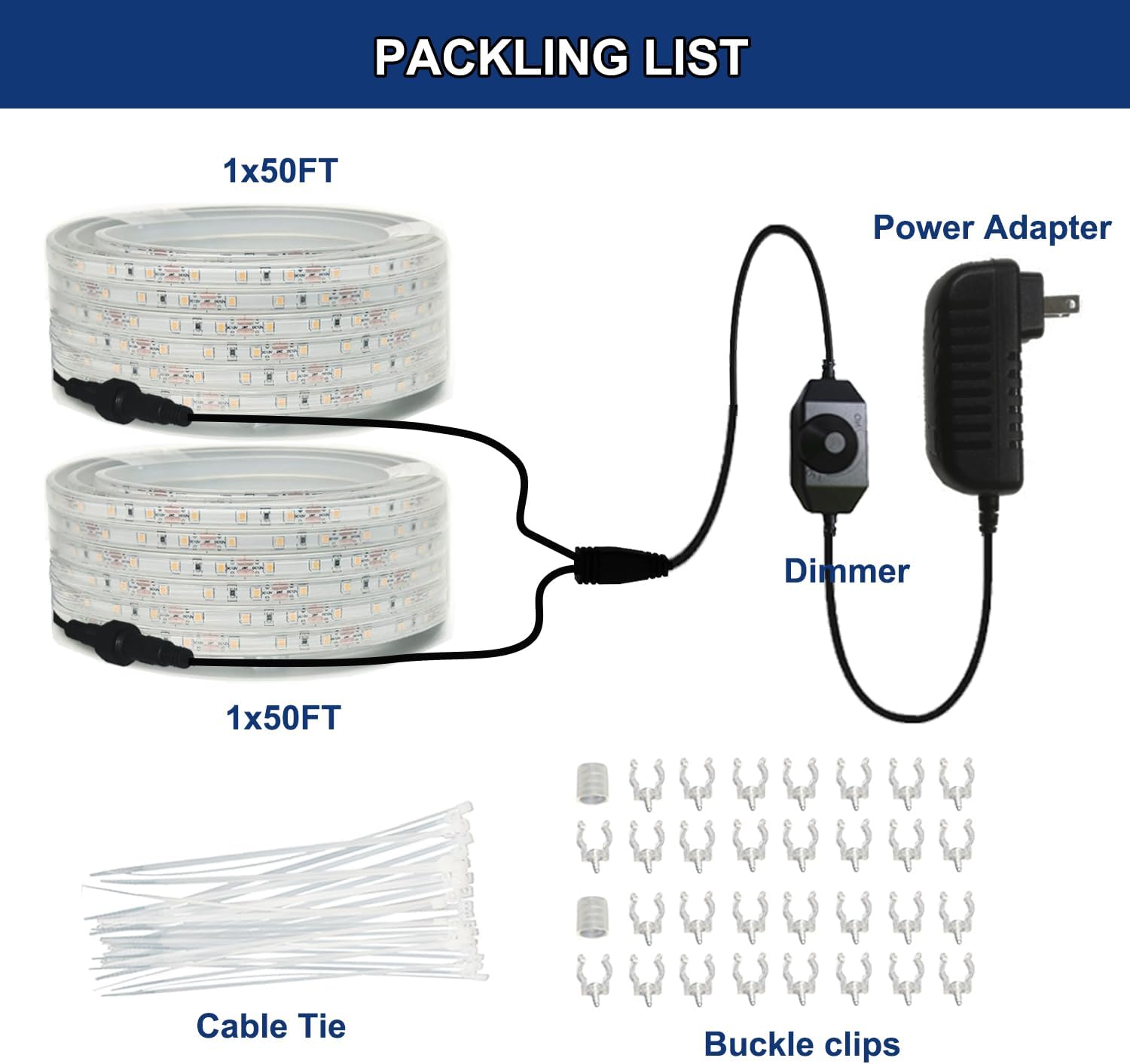 100FT(2 Rolls of 50FT) Flat Rope Lights, Outdoor LED Rope Lighting Waterproof(Not for Dimmer & Adapter), White Strip Light for Bedroom, Dimmable 12V Low Voltage