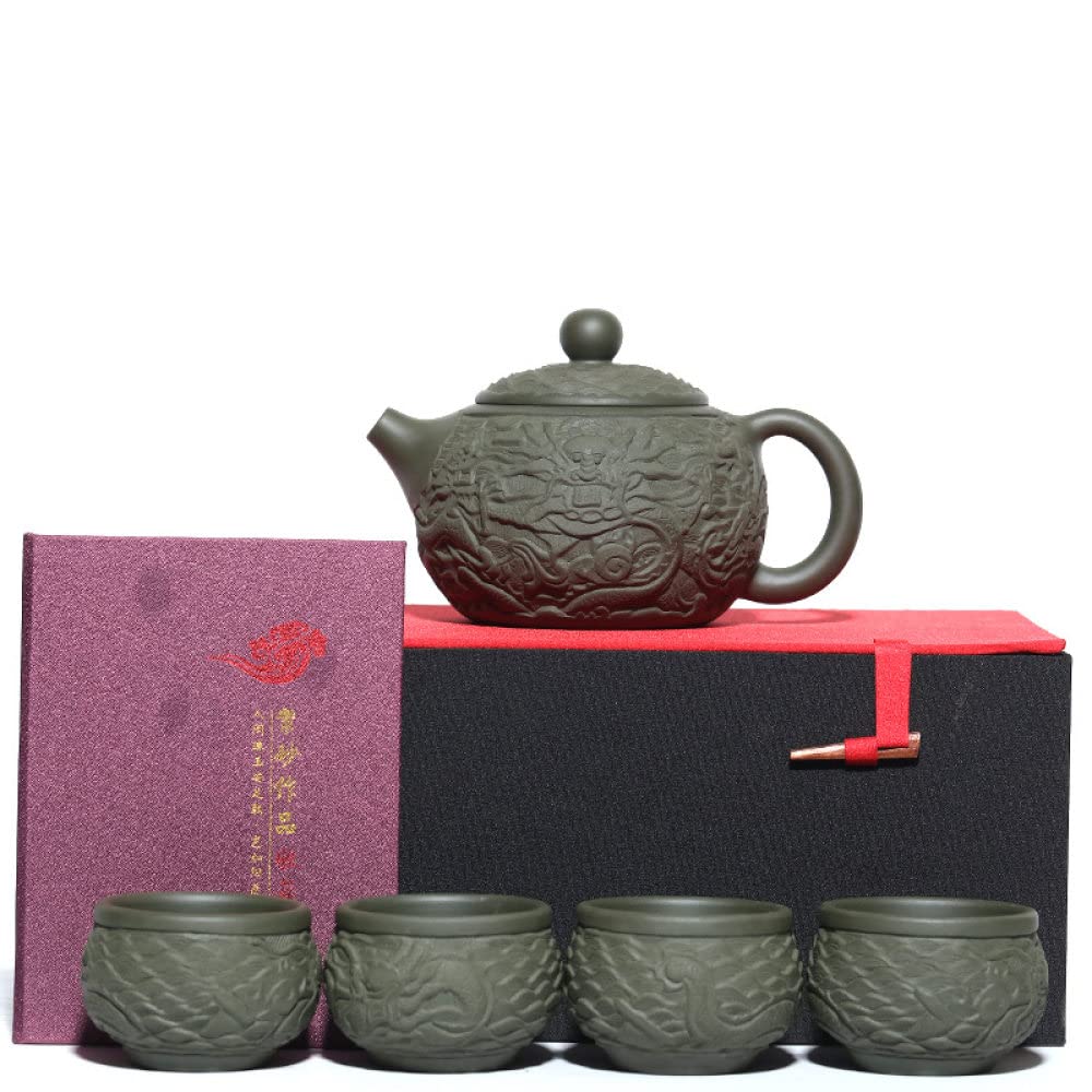 YlobdolY Ceramic Teapot Set - Chinese Yixing Zisha Tea Set Handmade Purple Clay Cloud Dragon Relief Xishi Tea Pot with Cups and Gift Box for Dad Grandpa Husband Tea Lovers,Green