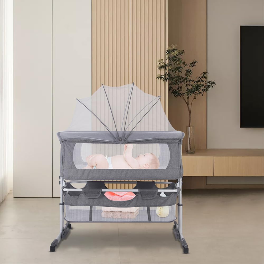 homewell 3 in 1 Babybett Beistellbett, Wiege mit Moskitonetz und Aufbewahrungskorb, Faltbares, Neigungs und Höhenstufen, Bequeme Matratze, Seiten aus Netz, Baby Bassinet, Stubenwagen Baby