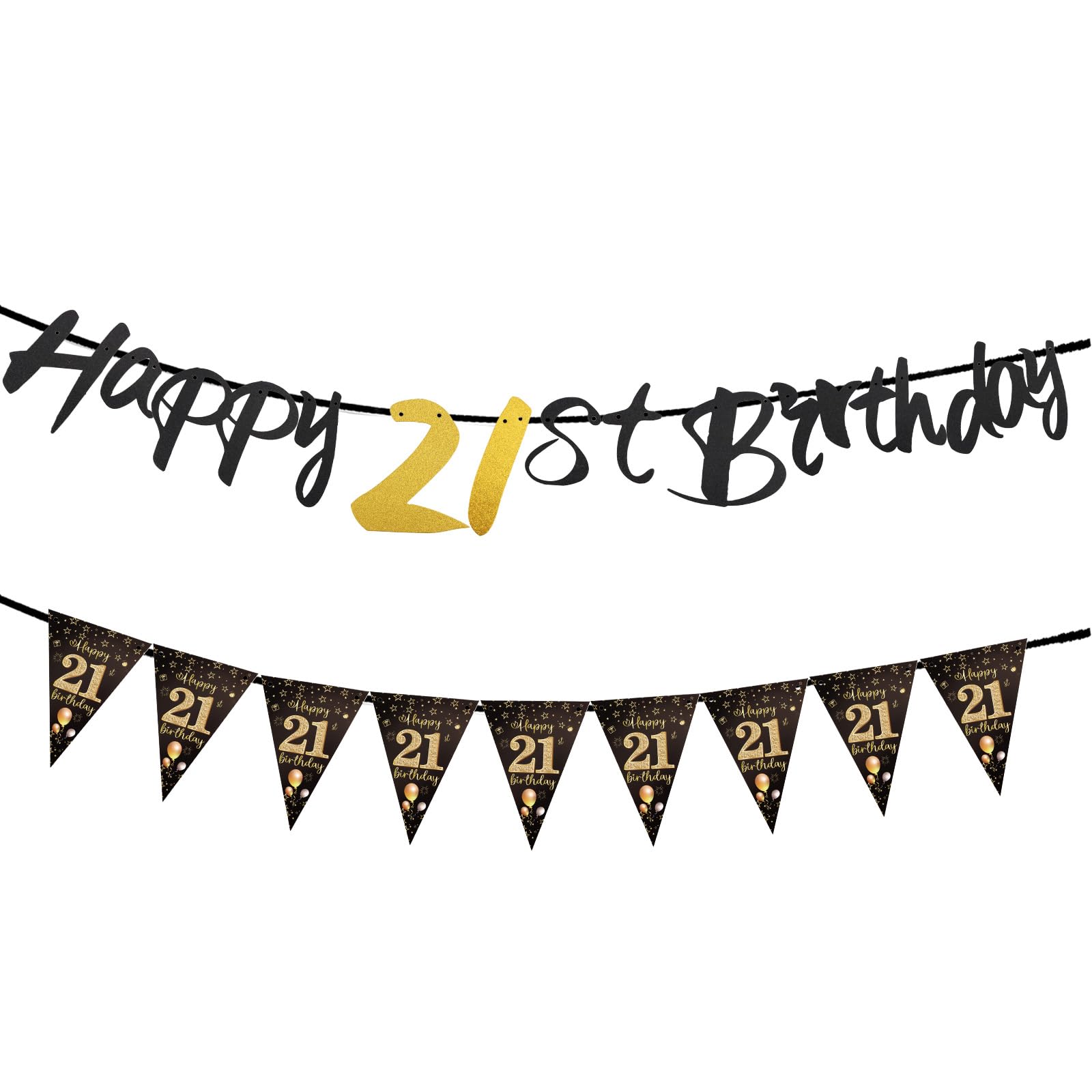 Esitrormi Black Gold 21st Birthday Banner and Triangle Flag Party Decor Set