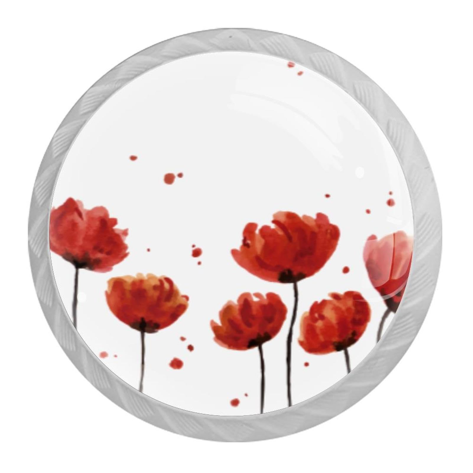 Tqmspg 4 Pieces Drawer Pulls Red Poppies Poppy Flowers Door Knobs Dresser Handles for Kitchen Wardrobe Cupboard Hardware Furniture