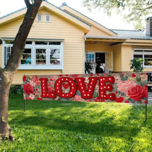 Image of Valentine Banner 78.74 x 17.72 Inch Red LOVE Lettering with Floral Background Romantic Roses and Heart Elements Ideal for Porch Sign Hanging Decoration for Valentine Party Decor