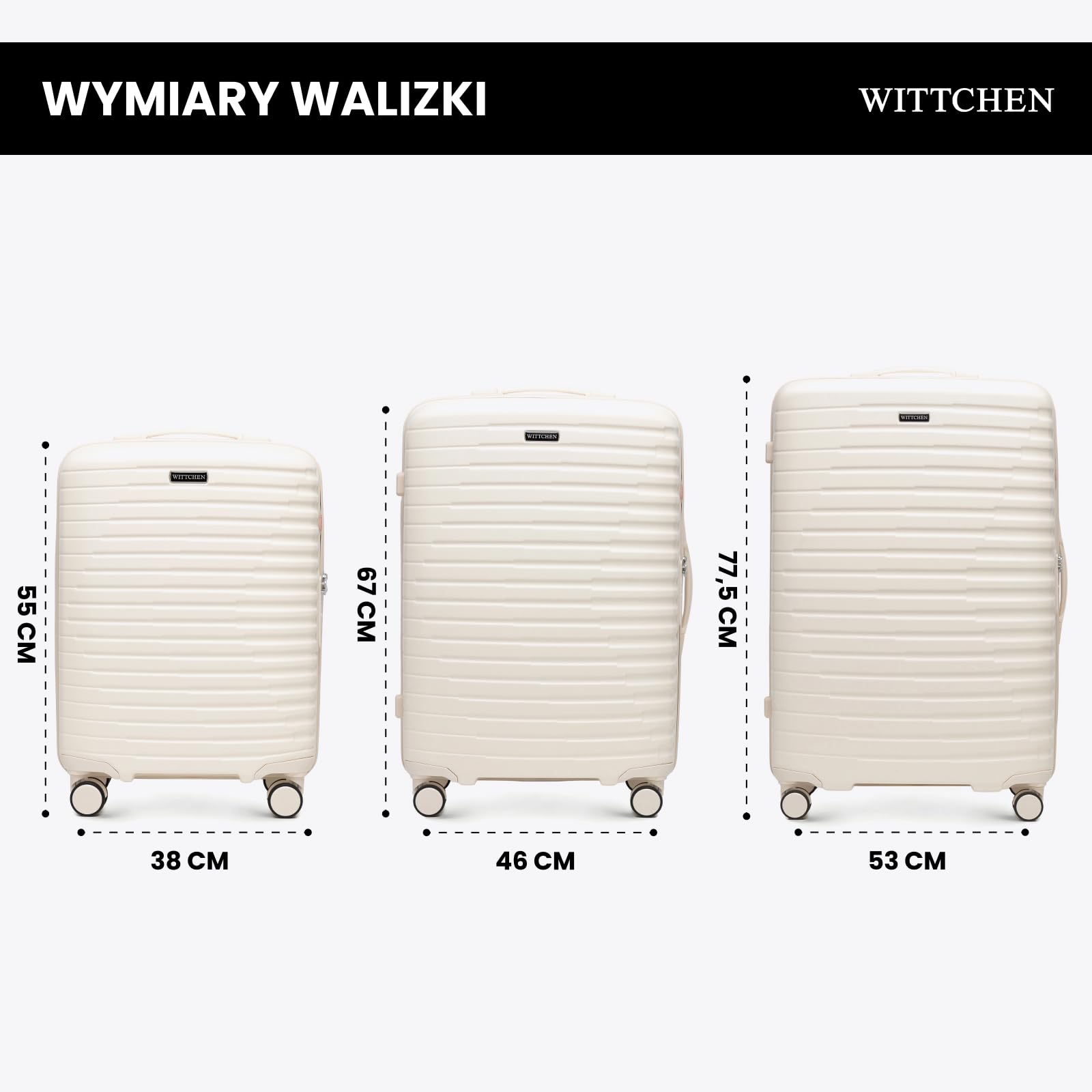 WITTCHEN Motion Line Zestaw walizek M L XL Twardy bagaż Polikarbon Zamek TSA Teleskopowa rączka 4 podwójne kółka 360° Kremowy
