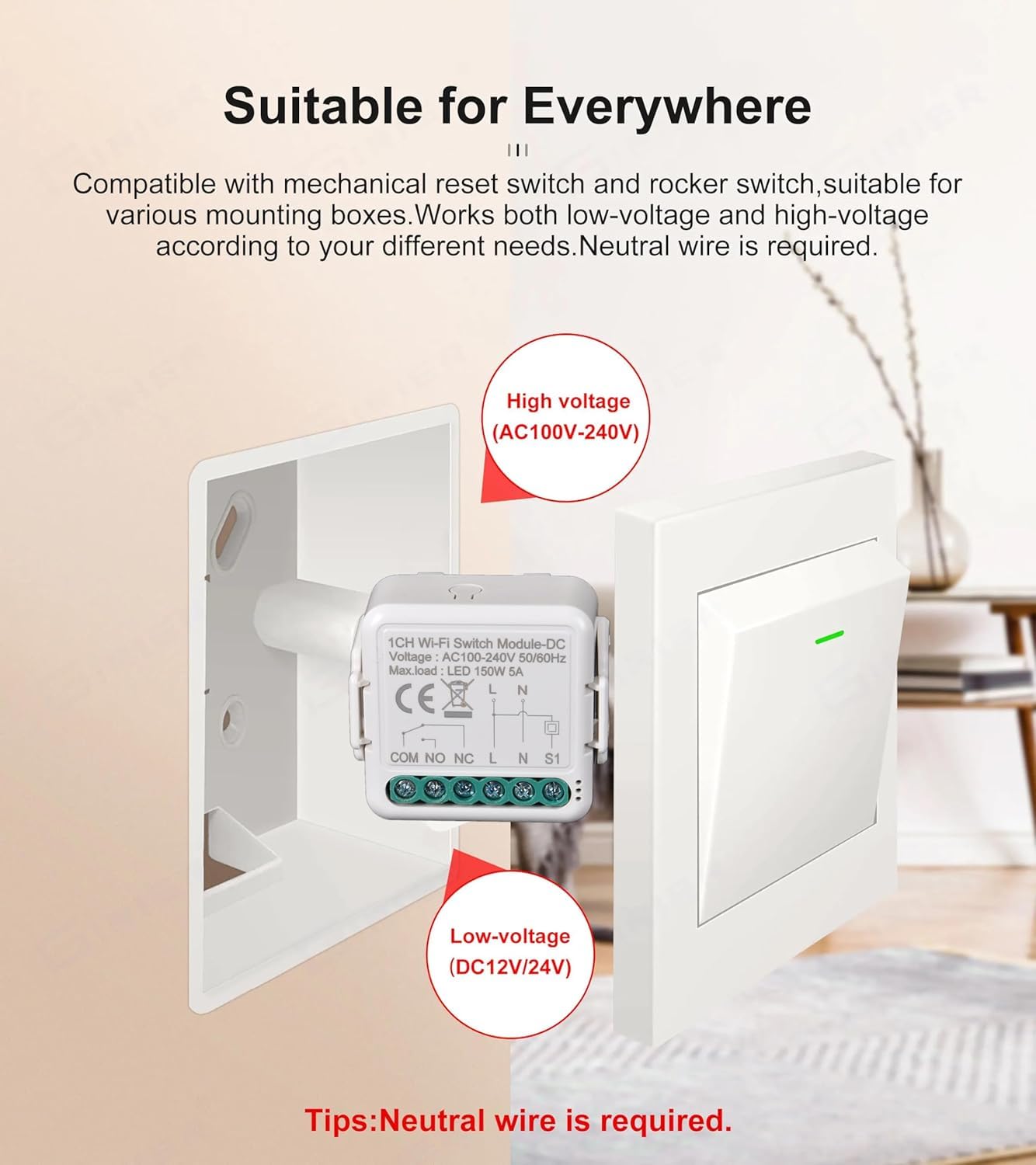 Yueyang Interruttore Intelligente WiFi Relè Wireless 1 Canale DC 12/24V AC 100-240V, Modalità Jog/Blocco, APP Tuya/SmartLife Telecomando, Contatto a Secco, Funziona con Alexa Google