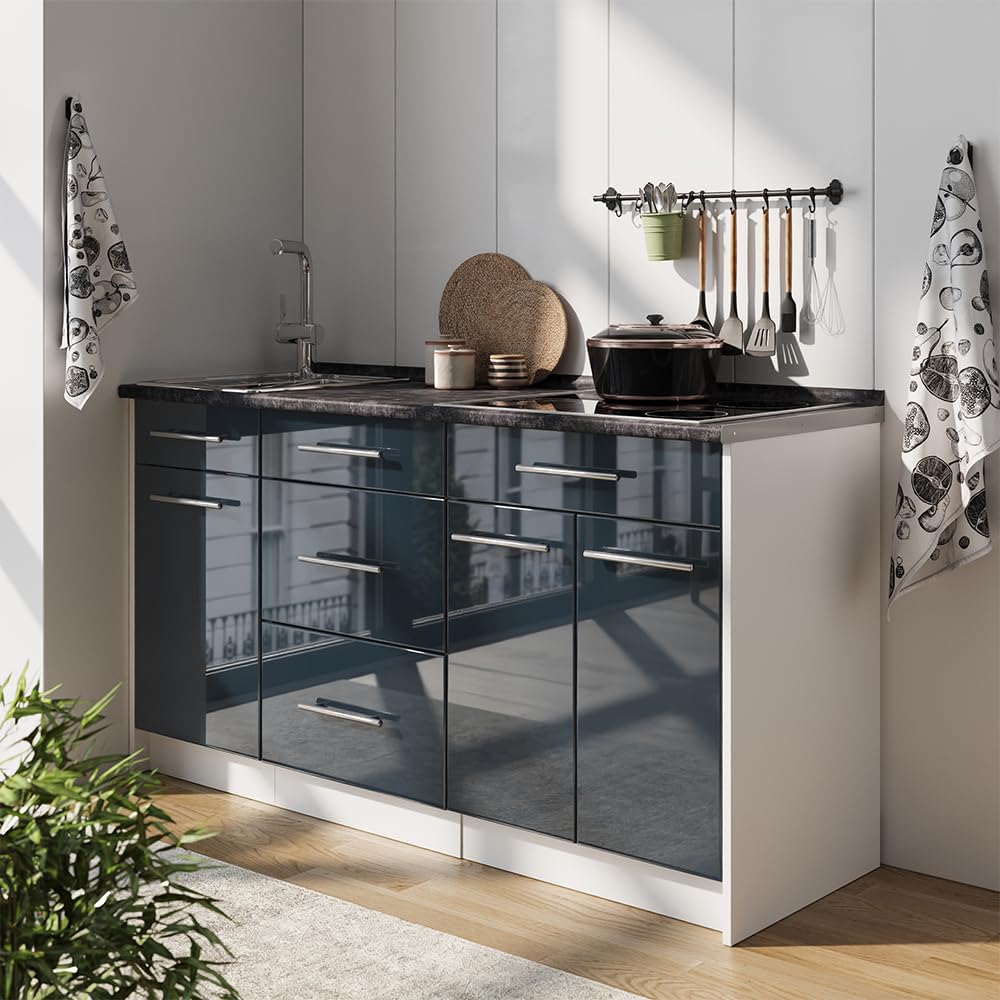 Vicco Küchenblock Fame-Line, Dunkelblau Hochglanz/Weiß, 150 cm | AP Eiche, zur individuellen Erweiterung mit kompatiblen Modulen