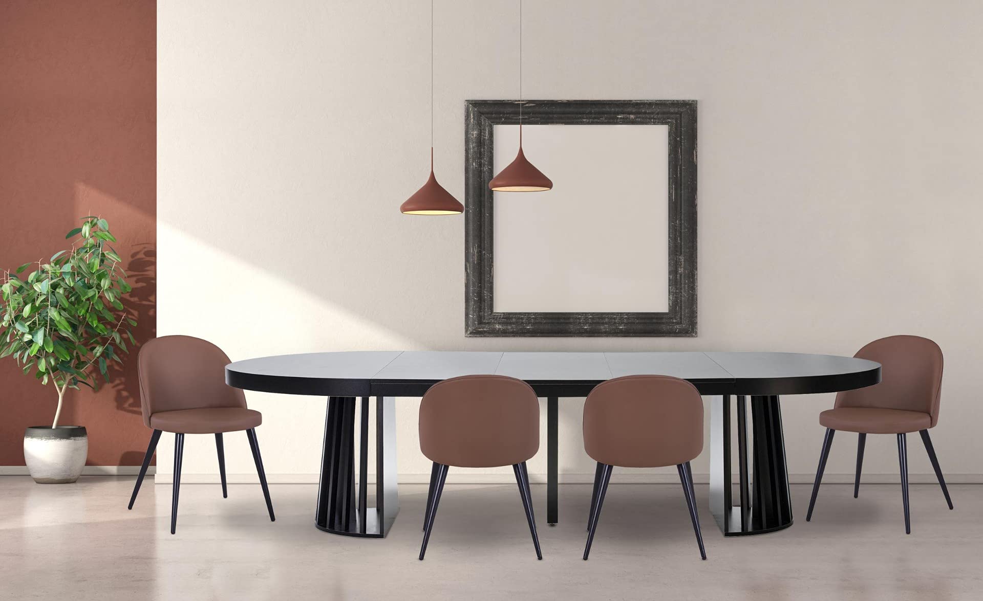 Table Ovale Extensible ELIZA En Bois Noir - Design Moderne Avec Pied Central - Jusqu'à 3 M Avec Rallonges