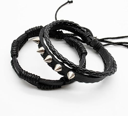 Miniatura 6 de Pulsera de cuero genuino Pulsera trenzada de plumas de cuero negro punk rock pulsera para hombres y mujeres Pulsera de tamaño ajustable