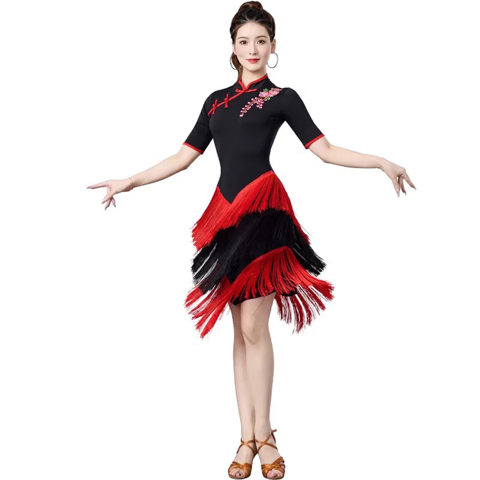 Fransen Latein Tanzkleider Frauen Ballsaal Tanzkostüme Tango Salsa Leistung Rock mit Stickerei mittlerer Ärmel Cha Cha Tanzoutfit