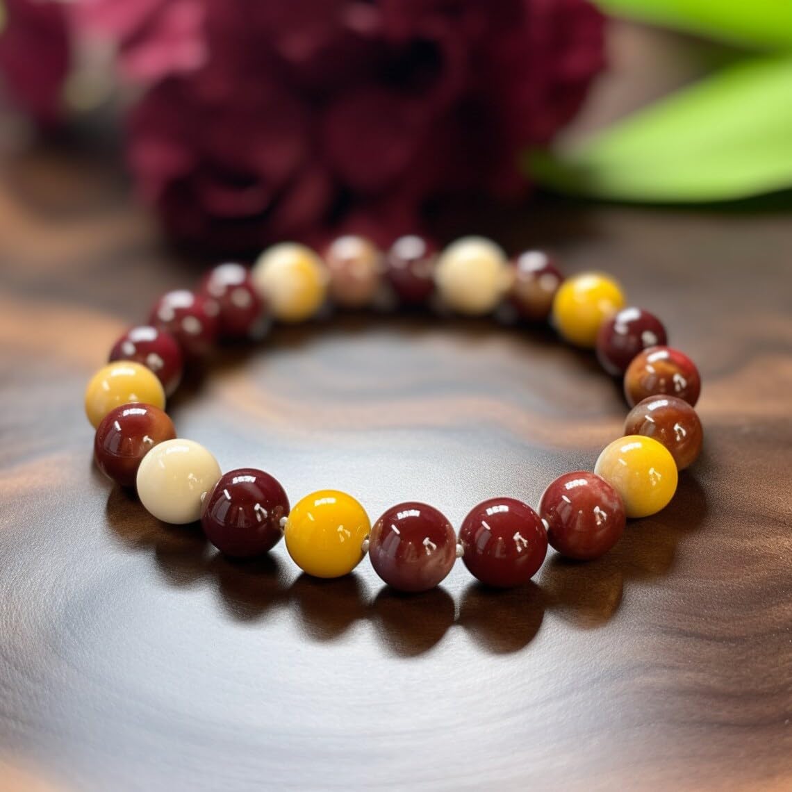 Mookite - Braccialetto in stile bohémien, realizzato a mano, con pietre semipreziose naturali da 10 mm, con perline rotonde lisce da 10 mm, braccialetto regolabile per meditazione spirituale, unisex,
