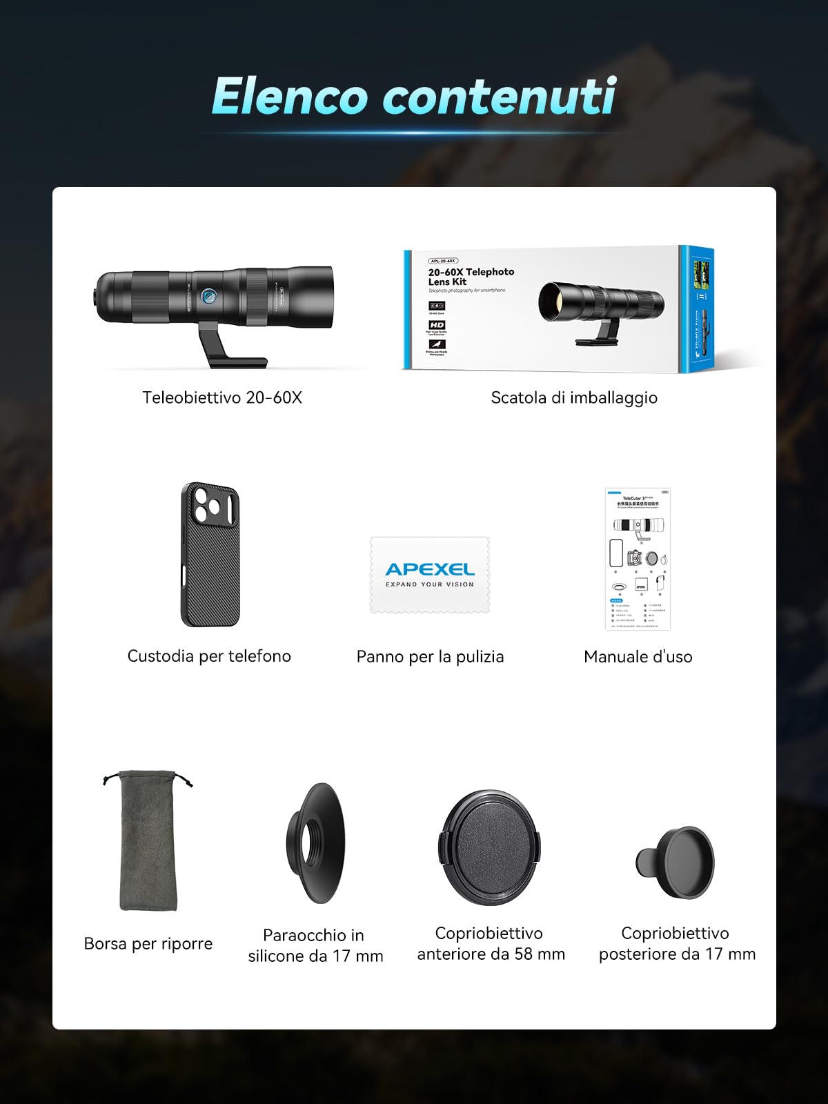 APEXEL Obiettivo zoom 20-60X con custodia integrata per iPhone 17 Pro - Teleobiettivo zoom professionale