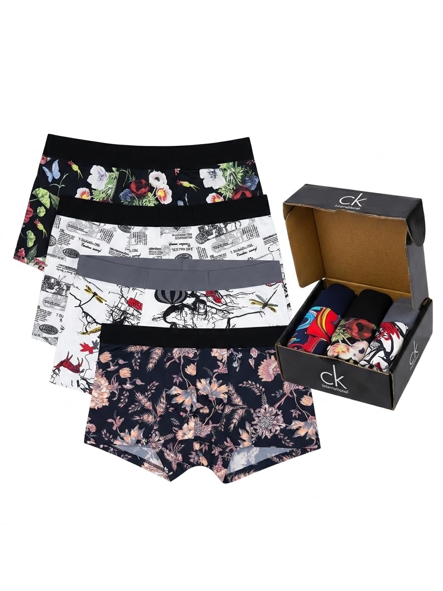 ck international Men's Innerwear Modal Floral Printed Trunk Boxer Brief,Breathable Underwear Asssorted Print Streacheable Pack of 3-picture-12