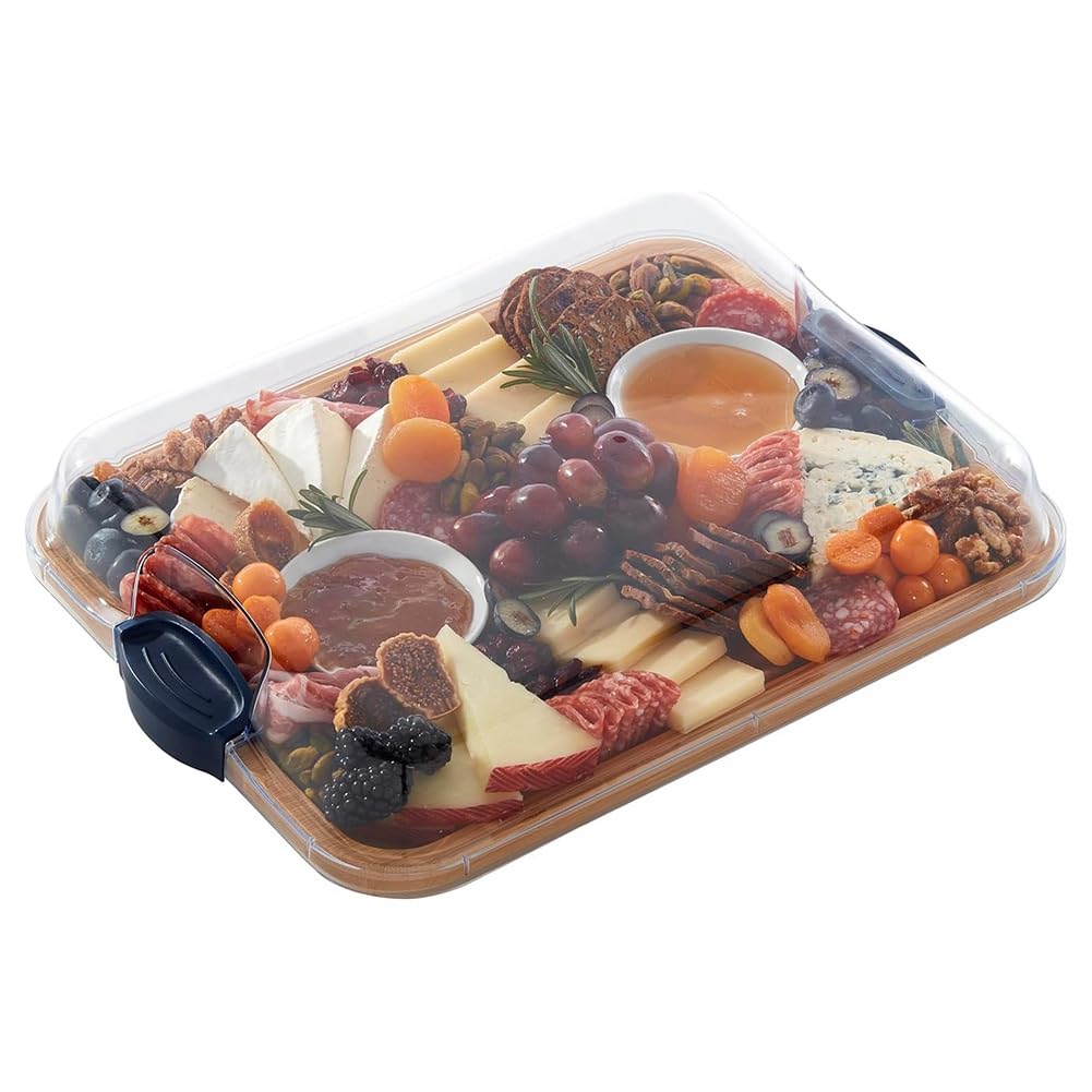GIWFBQTR Cutting Board with Built-in Compartments and Clear Locking Lid with Handles, Perfect for Charcuterie, Snacks, and More