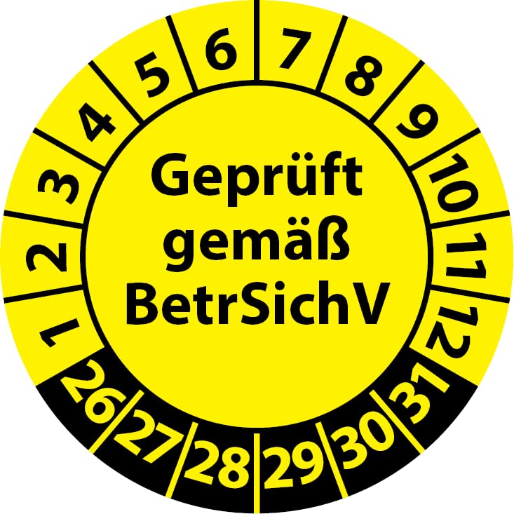 Prüfplakette Geprüft gemäß BetrSichV, Vinylfolie, Prüfaufkleber, Prüfetikett, Plakette (30 mm Ø, Gelb, 250)