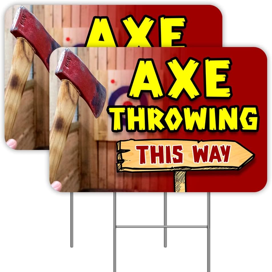 Axe Throwing (Arrow) 2 Pack Double-Sided Yard Signs 16" x 24" with Metal Stakes (Made in the USA)