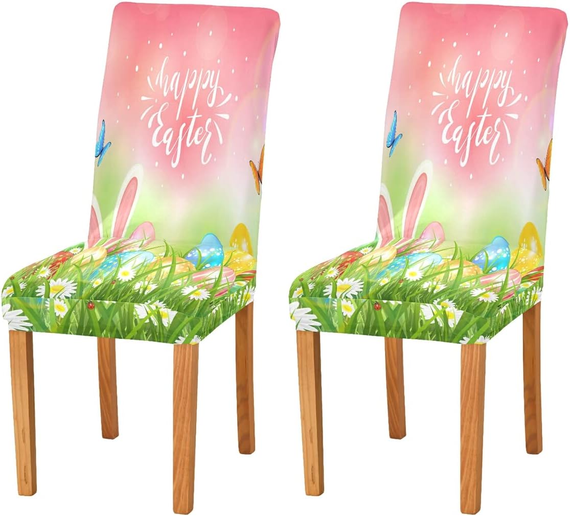 Kigai Easter Bunny Eggs Dining Chair Covers Set of 4, Stretch Chair Slipcovers Removable Washable Chair Protector Covers for Dining Room, Restaurant, Hotel, Party Decor