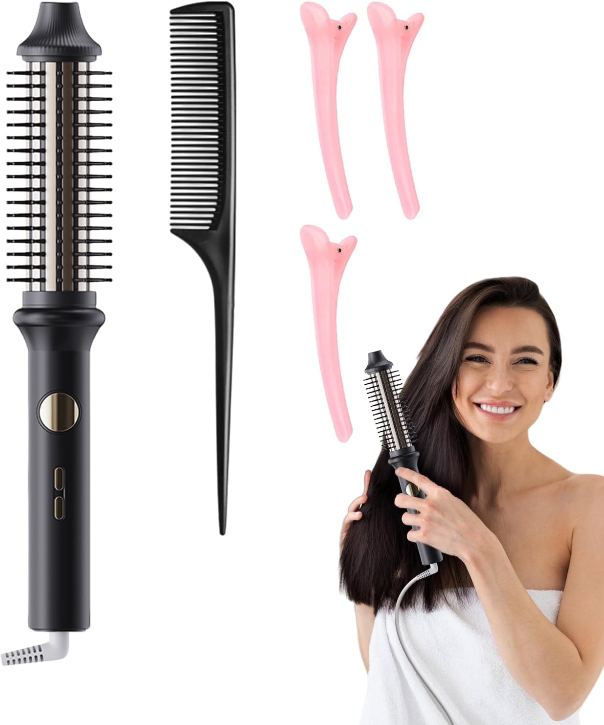 Heated Curling Brush,Round Brush Heated Curling Iron | No Damage Styler Volumizing Curl Comb Auto Off Tool for Dormitory Barbershop