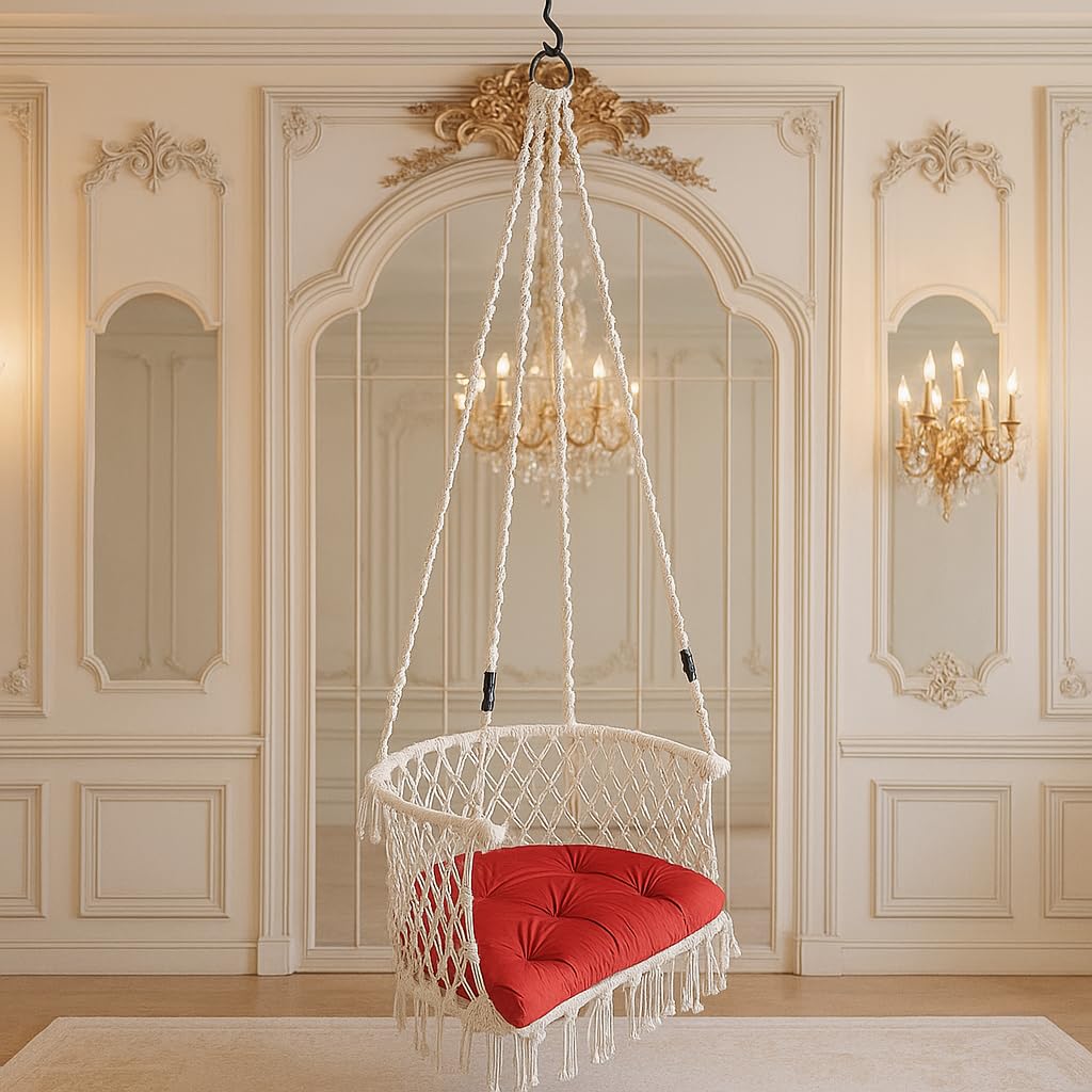 Patiofy Made In India Premium Single Seater Cotton Swing Chair For Adults,Kids Hammock-Hanging Chair Swing With Cushion And Accessories (White), 20 Centimeters, 138 Centimeters