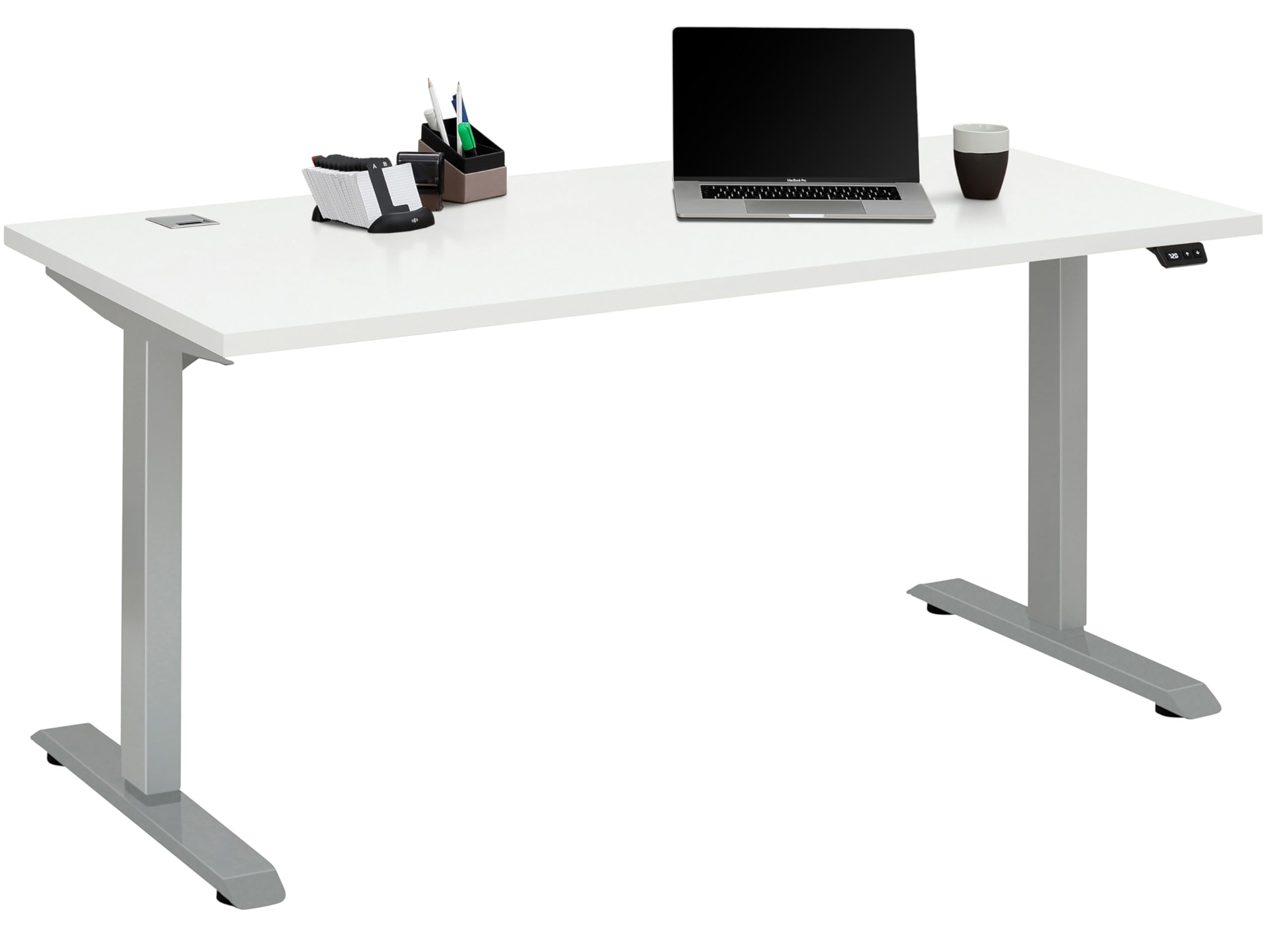 möbelando Schreibtisch >e-Desk< elektrisch höhenverstellbarer in Weiß matt/Alu, Ergonomisch für gesundes Arbeiten, Stufenlos mit LED-Anzeige, Stoß- und Kratzfest, Made in Germany - 175x72x80 (B/H/T)
