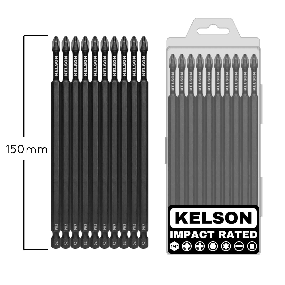 KELSON 10pcs PH2 150mm Phillips 2 Impact Rated Screwdriver Bits with Storage Case 1/4" Universal, Black - Image 2