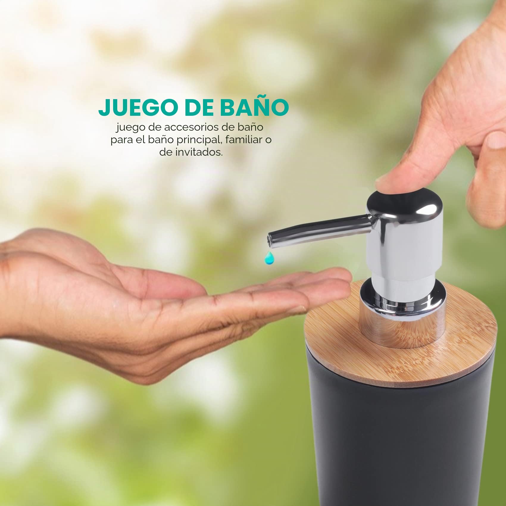 de Accesorios de baño de bambú de 6 Piezas: jabonera, Soporte para Cepillo de Dientes, de Enjuague, Botella de loción, de Basura, Cepillo de Inodoro, para el lavadero del hogar, Negro
