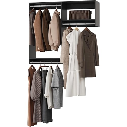 ROOMTEC Modular Closet System, 52" Wall-Mounted Closet Organizer with Hanging Rods, Wooden Tower for Walk-In Closets, Wardrobe Storage Kit, Black