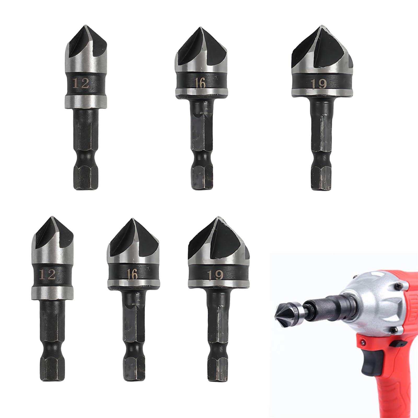 6 Pcs Countersink Drill Bit, Carpenters Tools Counter Sink Drill Bits for Wood, Three Sizes Black Countersink Bits Chamfer Tool, Woodworking Use Kit Applicable to Wood Ceramic Tile