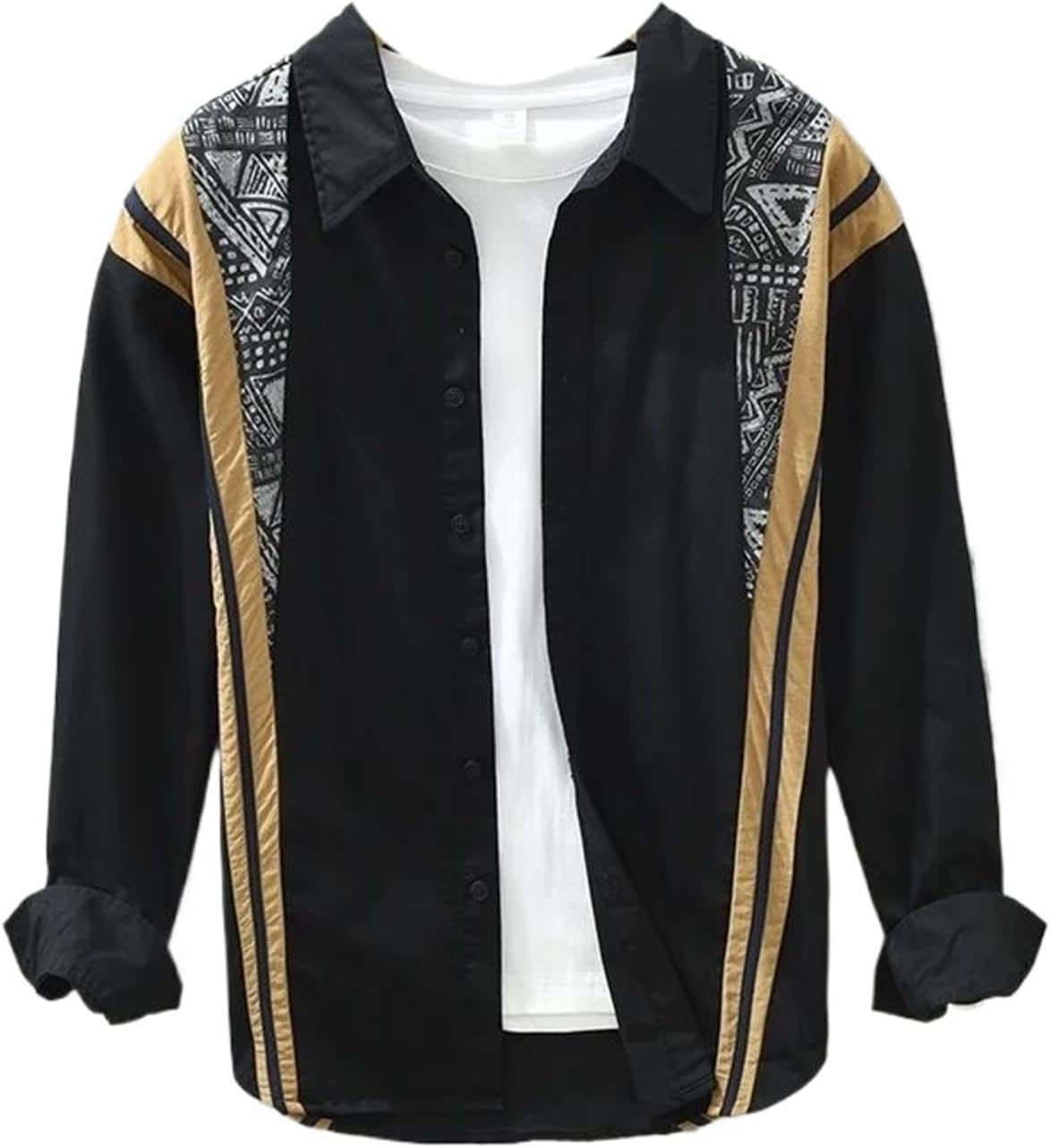Long Sleeve Casual Retro Patchwork Shirts for Men Cotton Tops