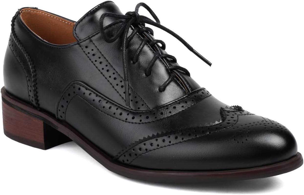 Women's Perforated Lace Up Oxfords Pumps Round Toe Low Chunky Heel Block Patchwork Wingtip Brogues Casual Comfortable Saddle Shoes