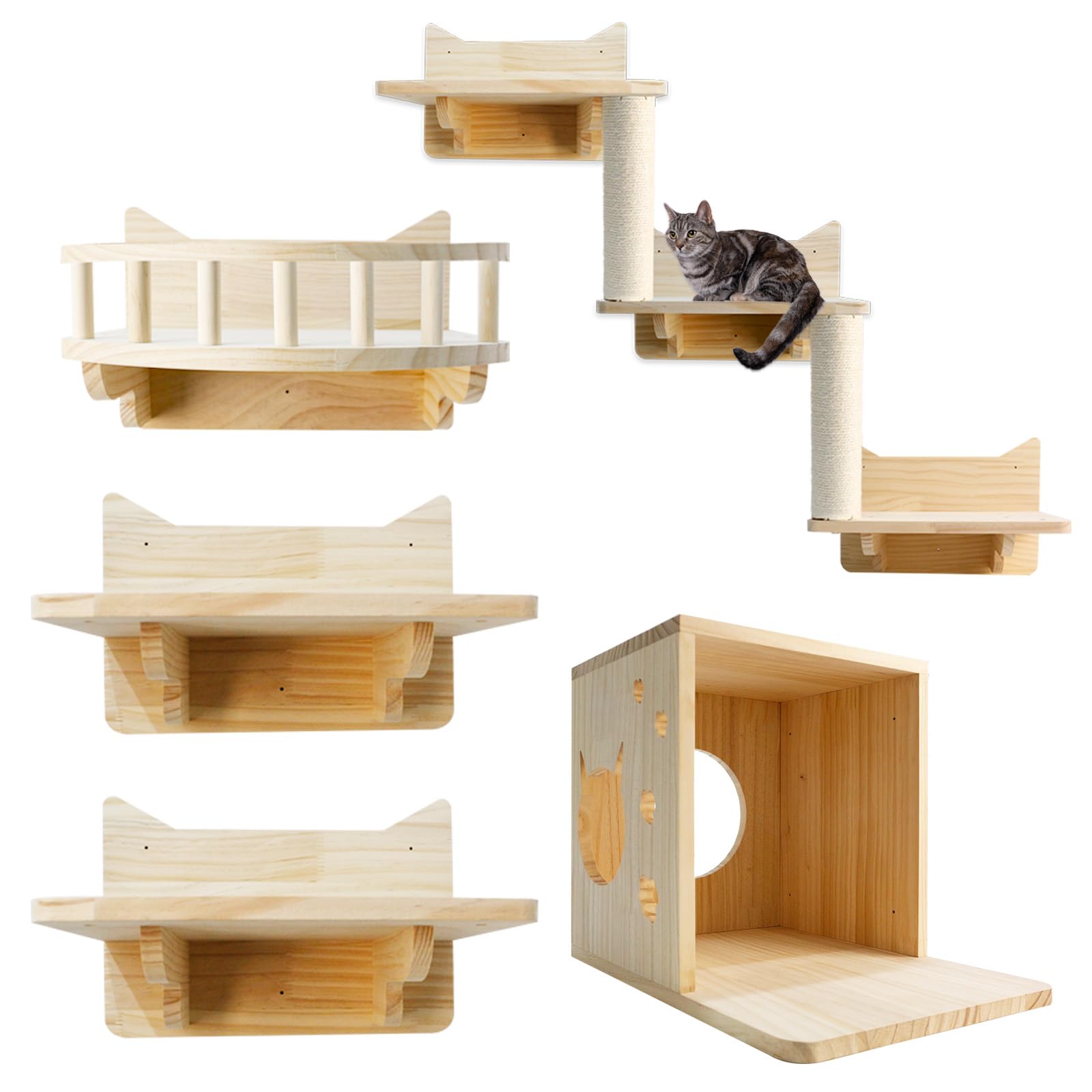 Mensole da Parete per Gatti, Set da 5 Mobili da Parete per Gatti, Includere Mensole, Posatoi, Scaletta, Tiragraffi e Casetta per Dormire, Giocare