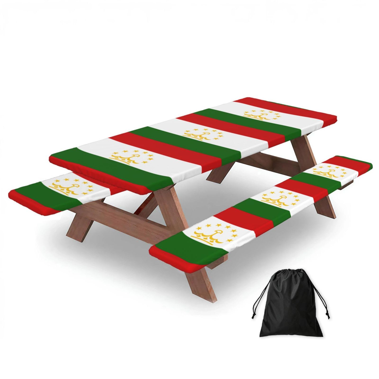 Zyjhyy Black Flag Of Tajikistan Print Party Table Covers With Bench Covers Set Of 3 Picnic Table Cloth Wipe Clean For Garden Camping
