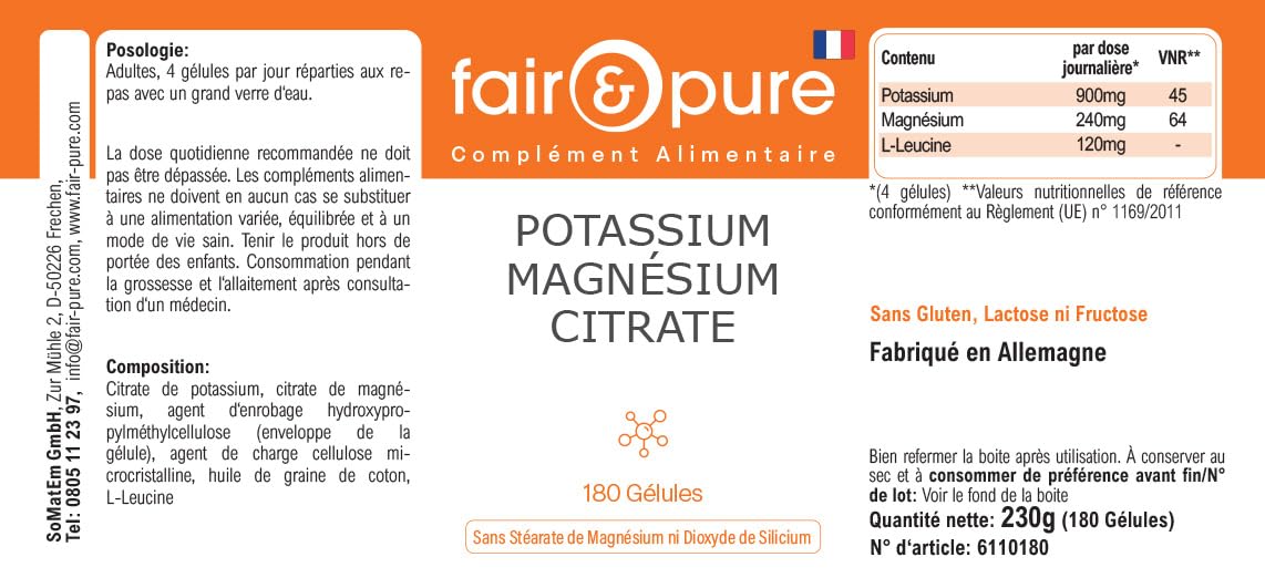 Fair & Pure® - Potassio e magnesio in capsule - Citrato di magnesio e citrato di potassio - Vegan - Minerali essenziali - 180 Capsule