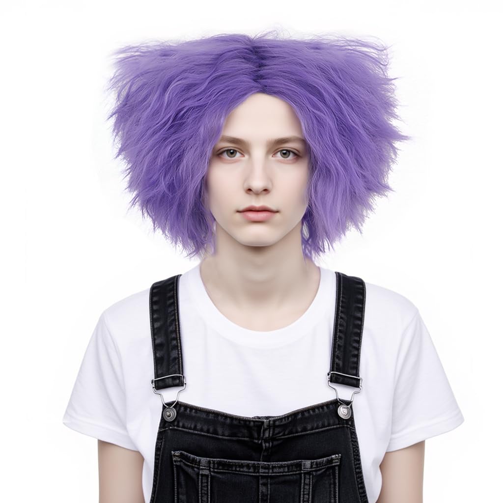 Short Purple Culry Fluffy Wig Costume Wig for Men and Women Costume Party and Halloween