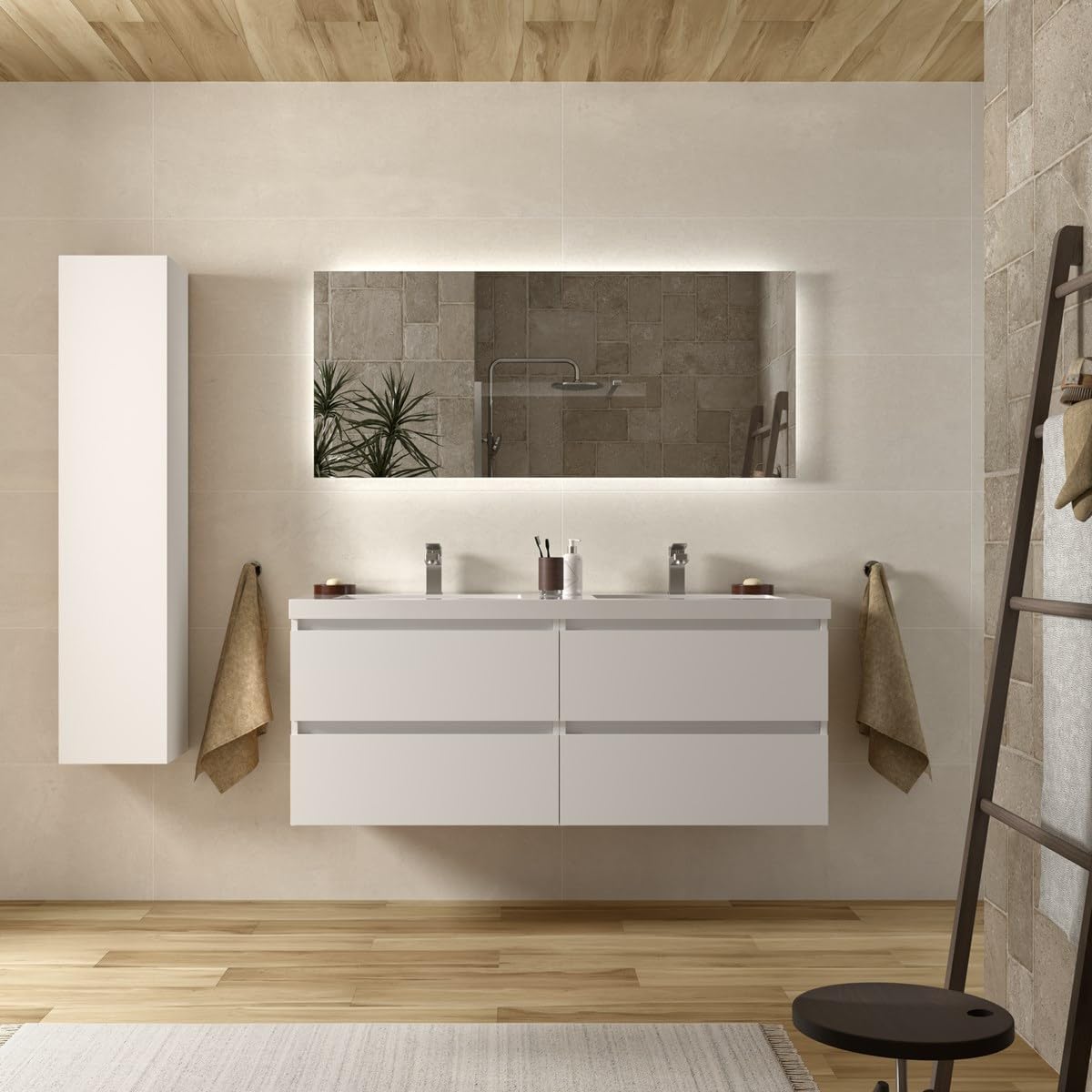 Salgar Mueble de baño Bequia 140 cm 100% montado de fábrica Acabado Mate suspendido 4 cajones Cierre amortiguado Apertura con uñero Lavabo 2 pozas Porcelana Blanco Mate
