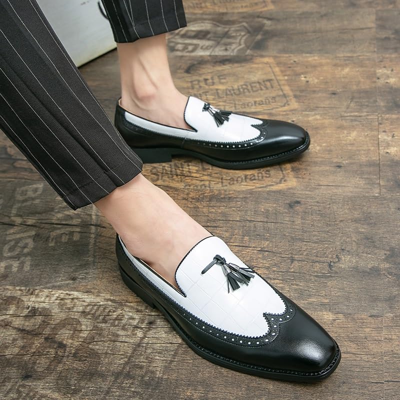 Dress Shoes for Men Slip On Square Burnished Toe Two Tone Vegan Leather Rubber Sole Anti-Slip Low Top Slip Resistant Walking2