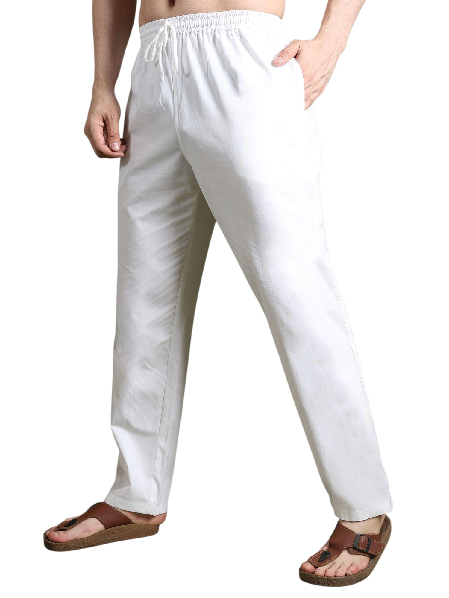 dastekarigar Men's Cotton Pyjama Pants with Drawstring, Relaxed Fit, White (XXL)-picture-39