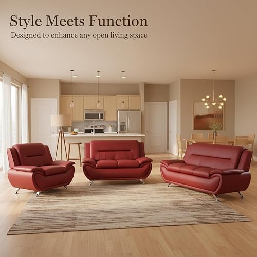 Miniatura 6 de Juego de sofá y sofá biplaza, juego de sala de estar de cuero con patas de metal, muebles de sala de estar de 3 piezas, sofá moderno de 3 plazas +